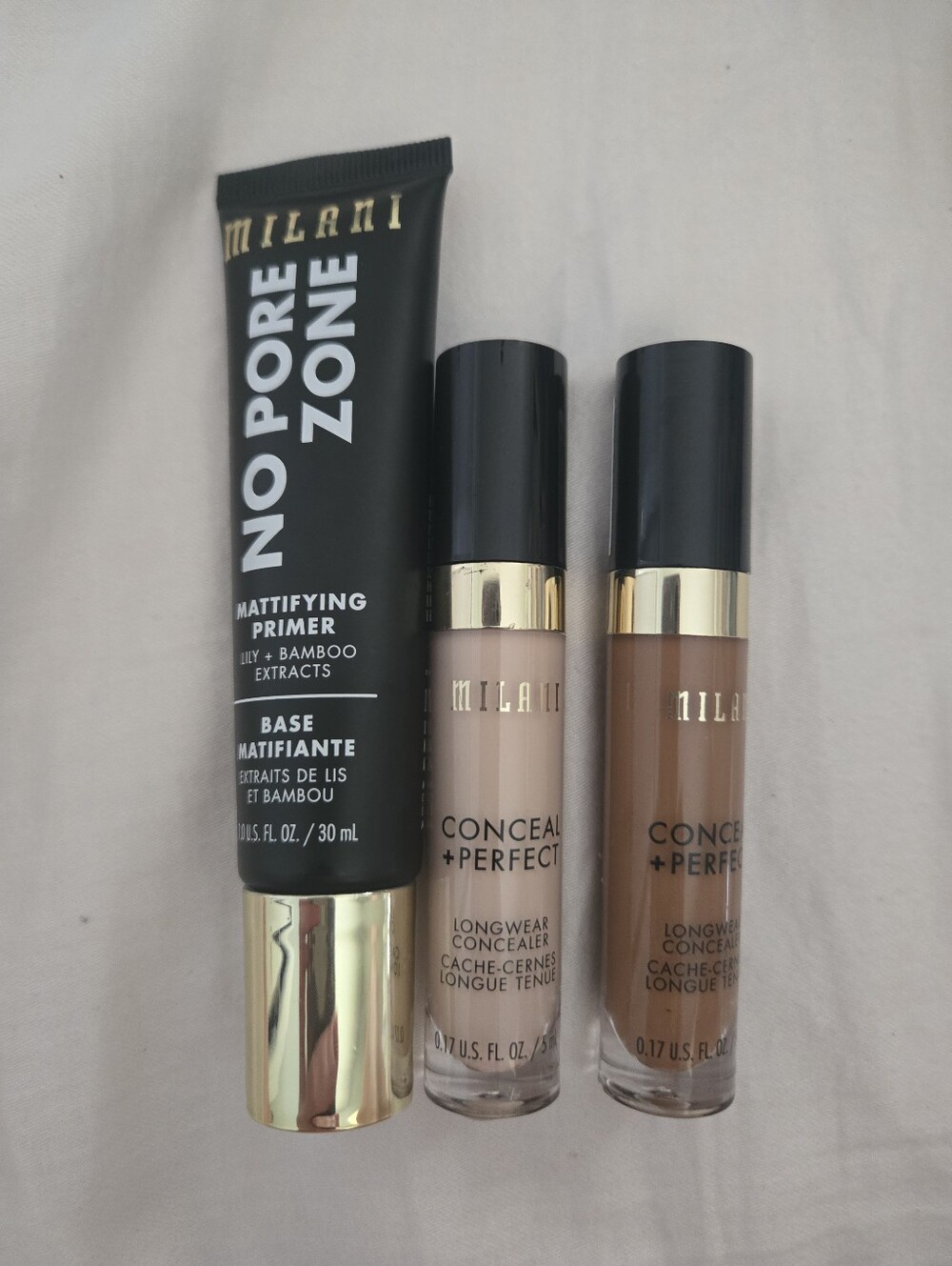 Milani no pores zone 30ml 1 fl oz, conceal + perfect shade 110,170 bundle (5 ml)